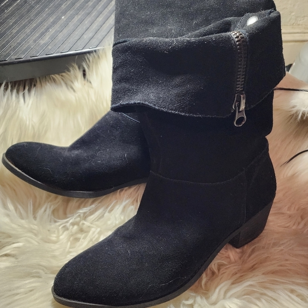 Mossimo Black Suede Fold Over Ankle Boots Size 11 Zipper Low Heel Moto Booties - Picture 9 of 16
